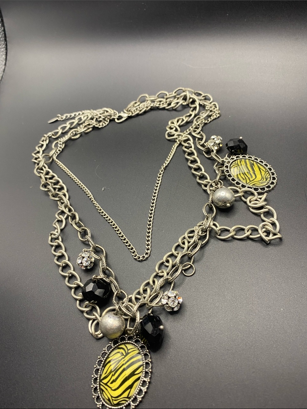 Yellow Zebra Pendant Multi-Chain Necklace with Black Bead Accents